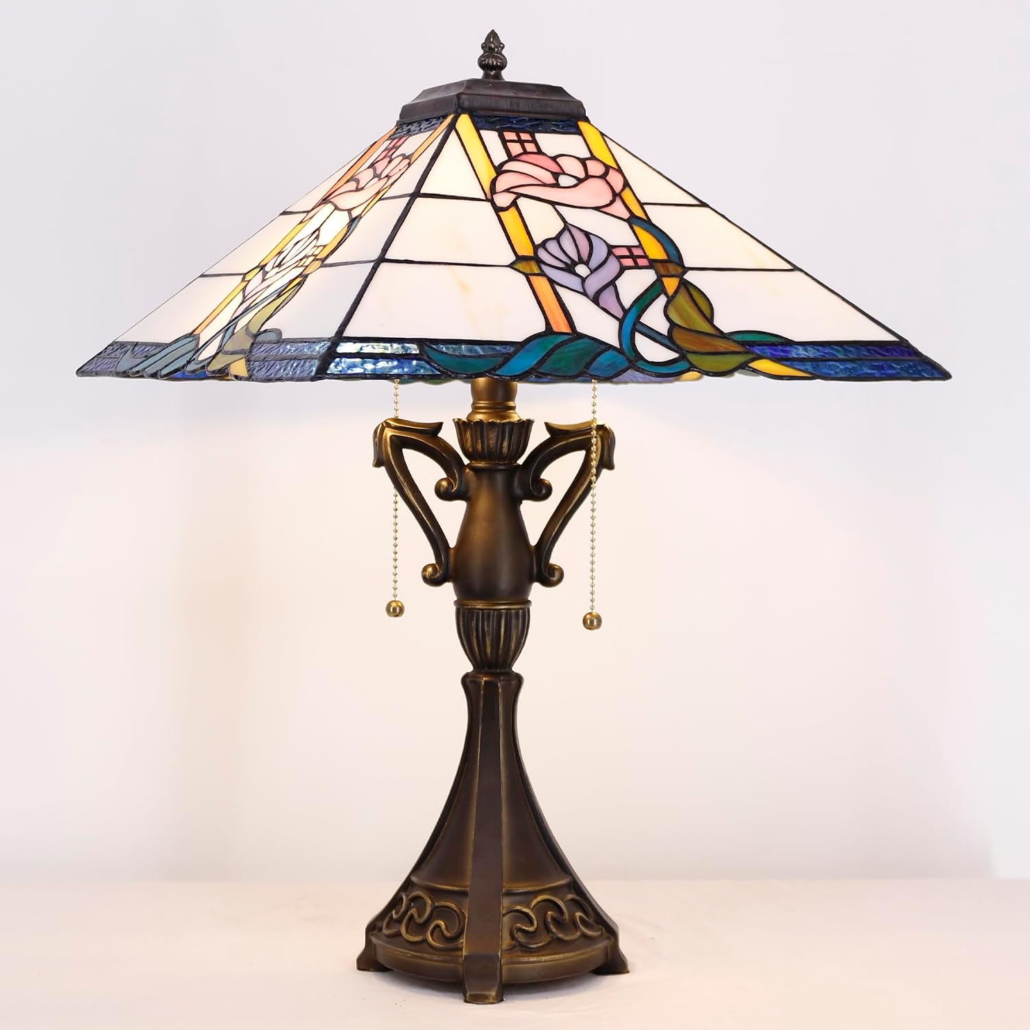 Tiffany Table Lamp Stained Glass Square Pink Flower Mission Style Desk Reading Light 16X16X24 Inch for Bedroom Living Room Home Office