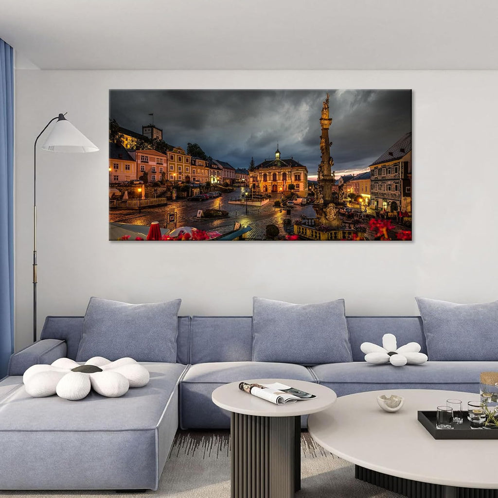 Large Romantic Central European Baroque Architecture Decor Cesky Krumlov Czech Republic Night View Poster Enchanted Historical Town Wall Art Teen Dorm Apartment Artwork 24x48inch Framed