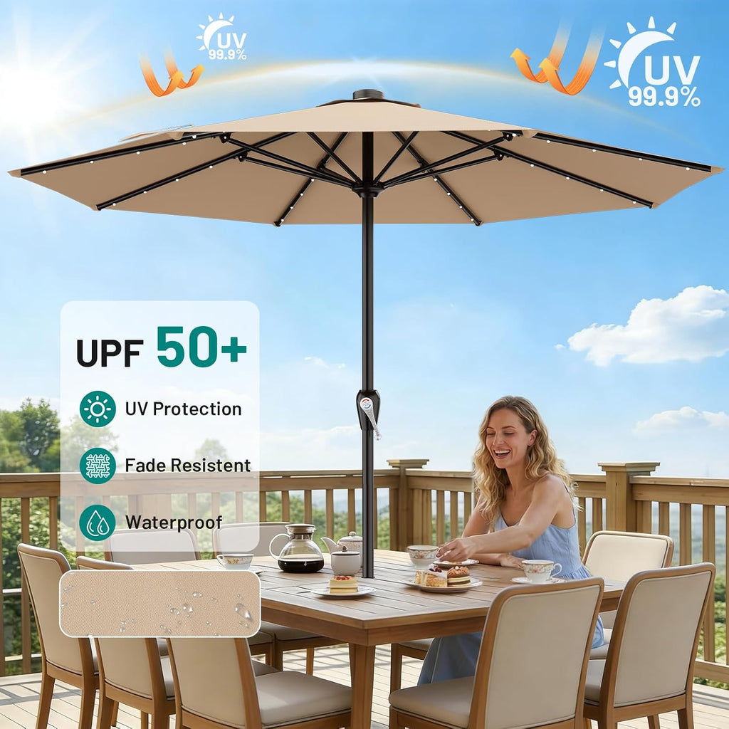 AreShark 12FT Large Patio Umbrella with Solar Lights, Solar Powered Outdoor Umbrella with Crank, Patio Table Market Umbrellas for Garden, Deck, Backyard, Pool and Beach, Beige