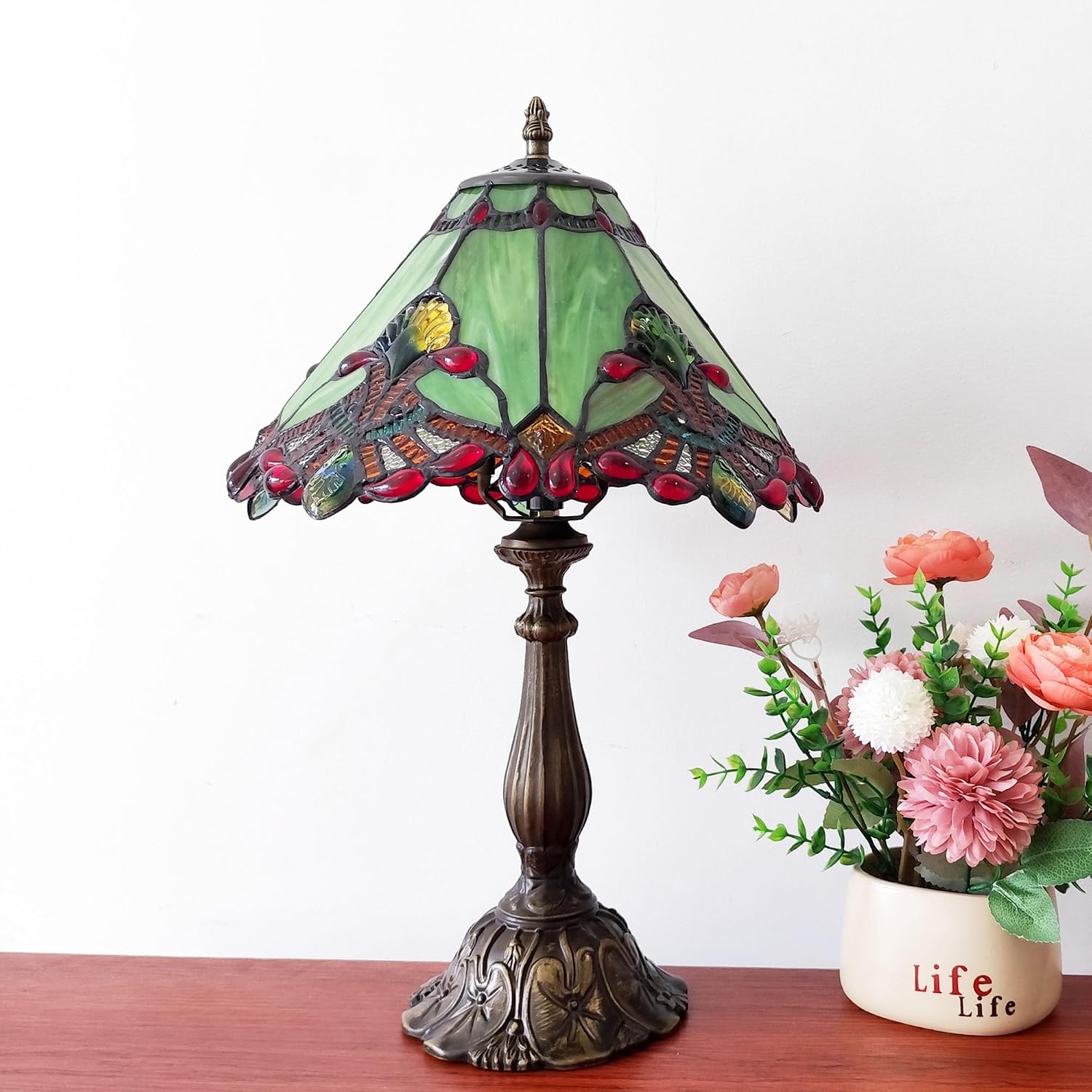 Tiffany lamp Green Baroque Style Stained Glass Table Lamp 12X12X19 Inches 3 -Way Tiffany Style Antique Light for Home Bedroom Living Room - 12W E26 Bulb Include