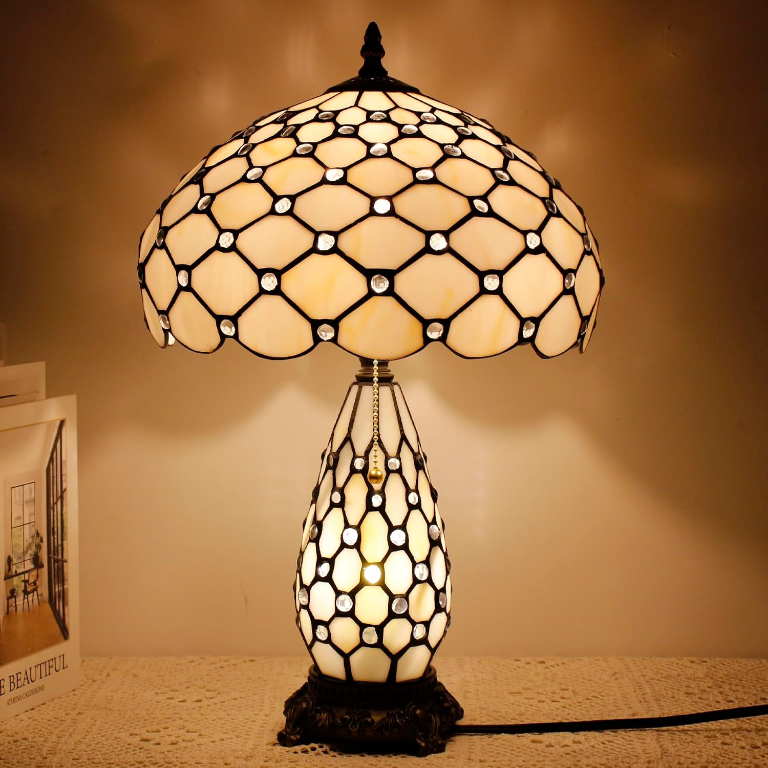 Tiffany Lamp Stained Glass Table Lamp 12X19 Inches Mother Daughter Vase Desk Accent Night Light for Bedroom Bedside Reading Home Antique Style (White Yellow)