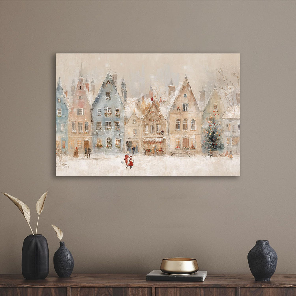 Winter village wall art print, European Christmas town oil painting, Christmas illustration, snowy holiday street scene, rural scenery, nursery wall decor 28x40in Wood Framed
