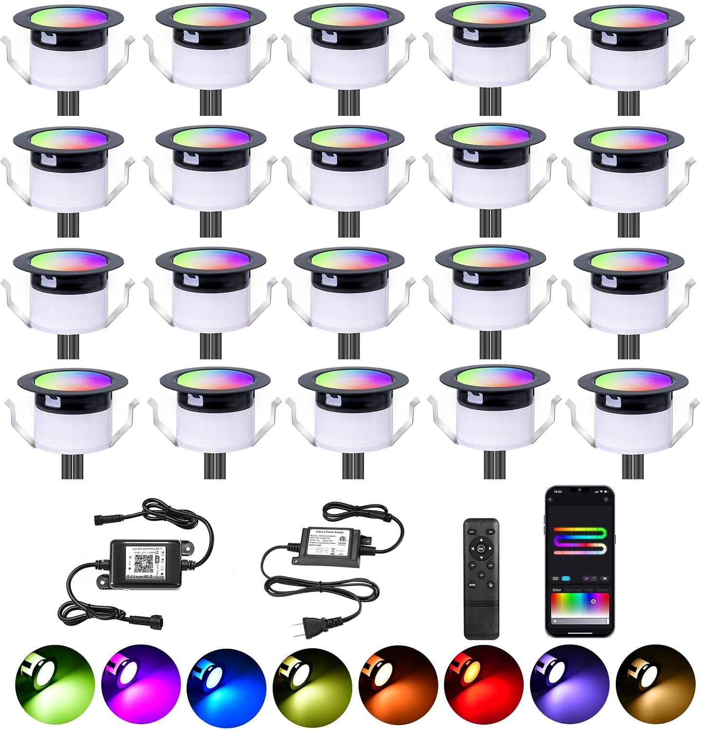 FVTLED LED Deck Lights Kit, Φ1.22 Low Voltage WiFi Pixel RGBW+IC Multi-Color Dynamic Deck Lighting with Remote Control, IP67 Waterproof Outdoor Step Lights DC12V for Garden,Steps,Stair(20 Pack, Black)