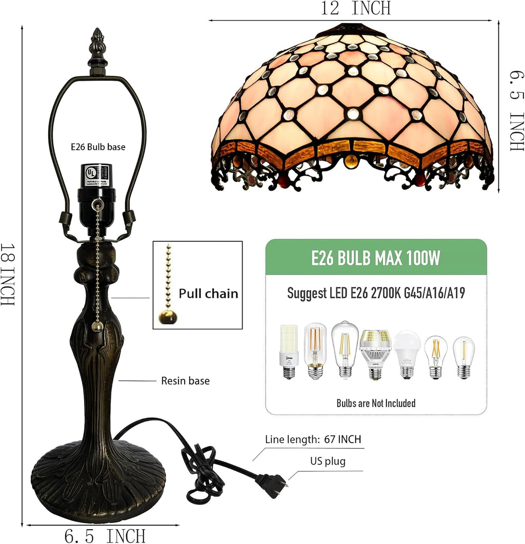 Tiffany Lamp Stained Glass Table Lamp 12 x 19' Pink Beads Style Bedside Reading Lamp Decorative Light for Desk Living Room Bedroom Office Study Light Home Decor Gift