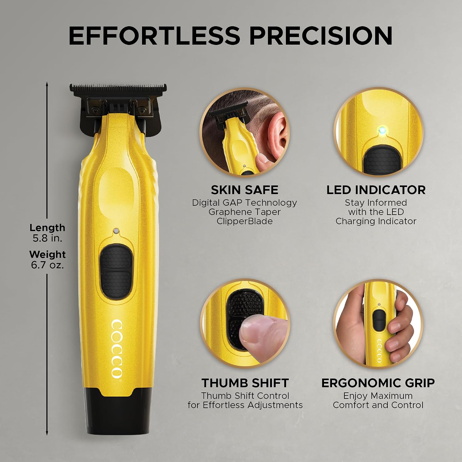 Cocco Hyper Veloce Pro Trimmer, Digital Gap Graphene Blade Edger, High-Torque Brushless BLDC Motor, Cordless, All-Metal Design, Lithium-Ion Battery, Charging Base Included
