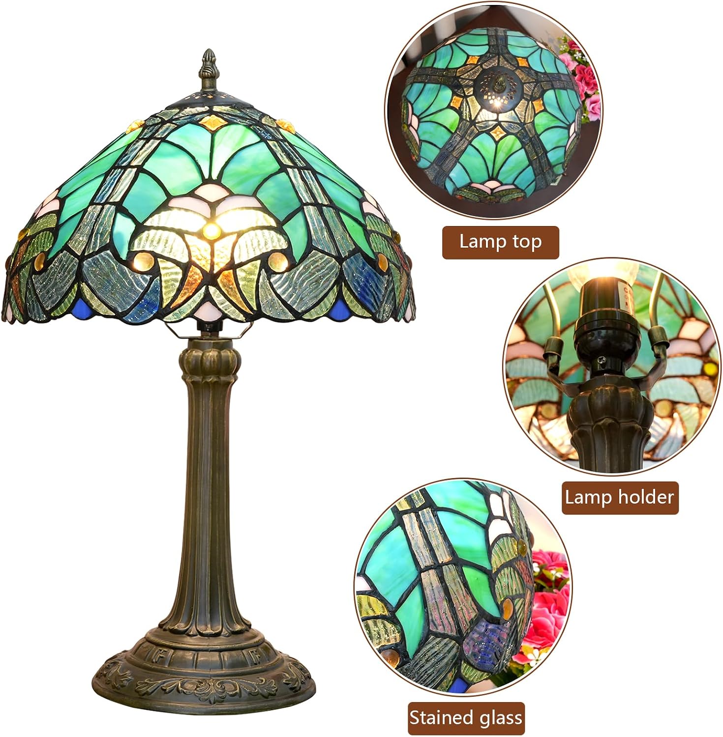 Tiffany Lamp Green Liaison Style Stained Glass Table Lamp W12H18 Inch Antique Table Lamp Metal Base Desk Reading Light for Living Room Bedroom Bar Art Craft