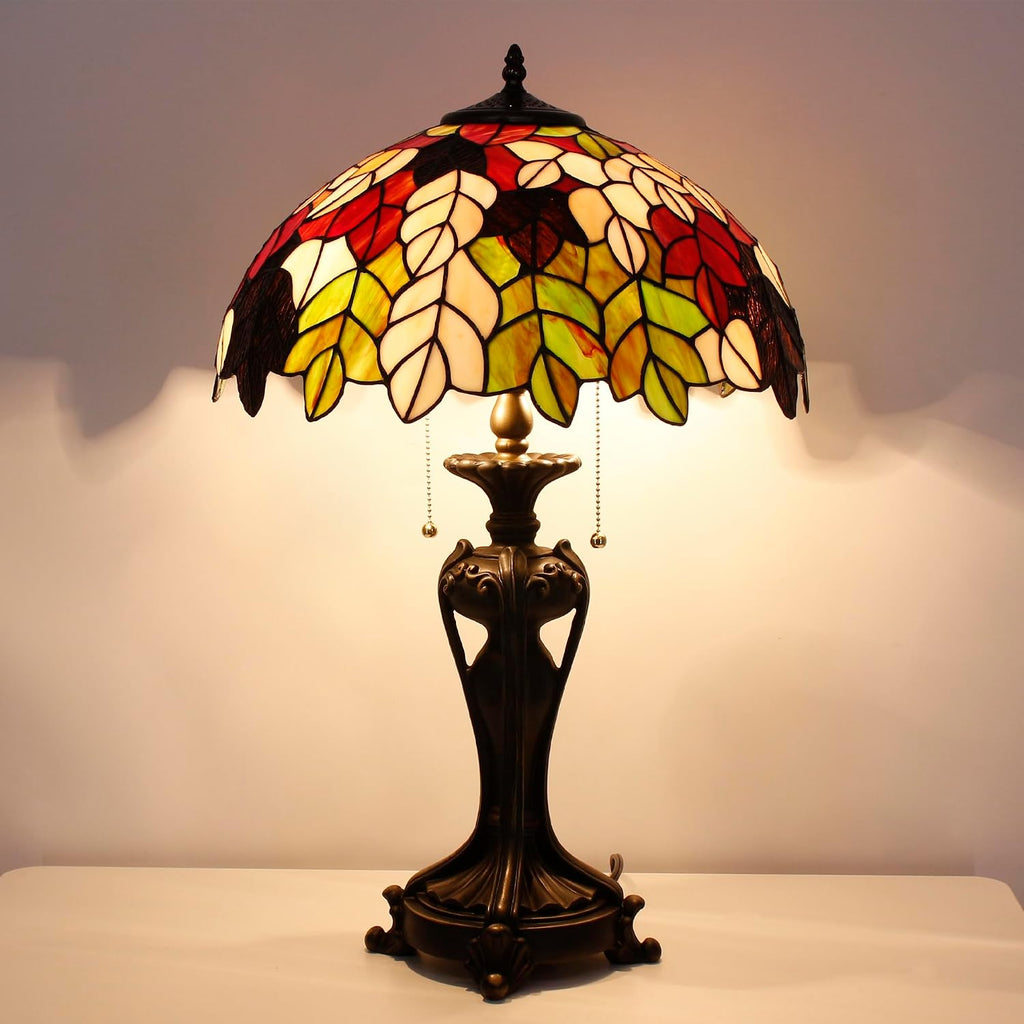 Tiffany Lamp(2 Lights) Stained Glass Table Lamp Bedside Desk Reading Light 16X16X24 Inch Decor Bedroom Living Room Home Office (Maple Leaf)