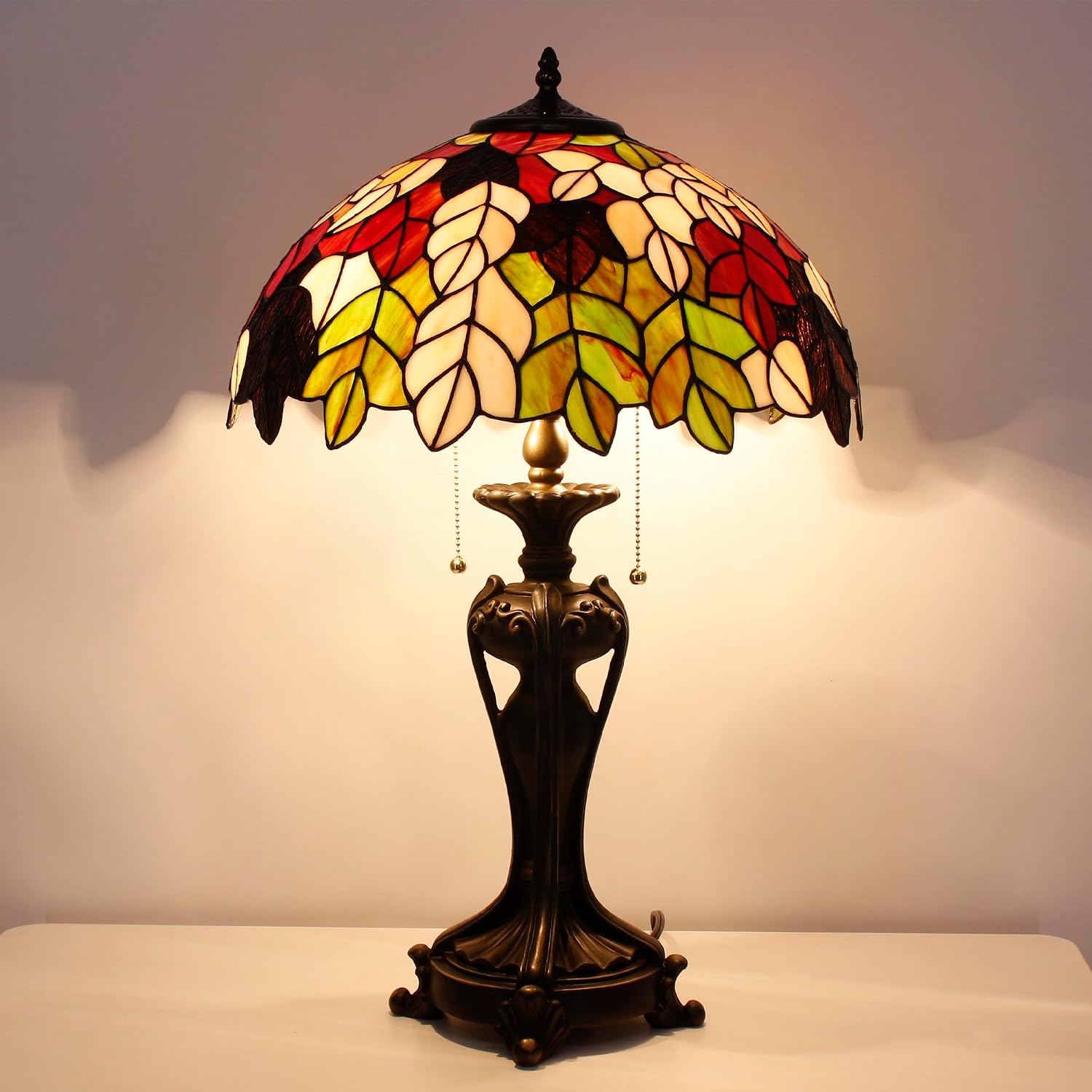 Tiffany Lamp(2 Lights) Stained Glass Table Lamp Bedside Desk Reading Light 16X16X24 Inch Decor Bedroom Living Room Home Office (Maple Leaf)