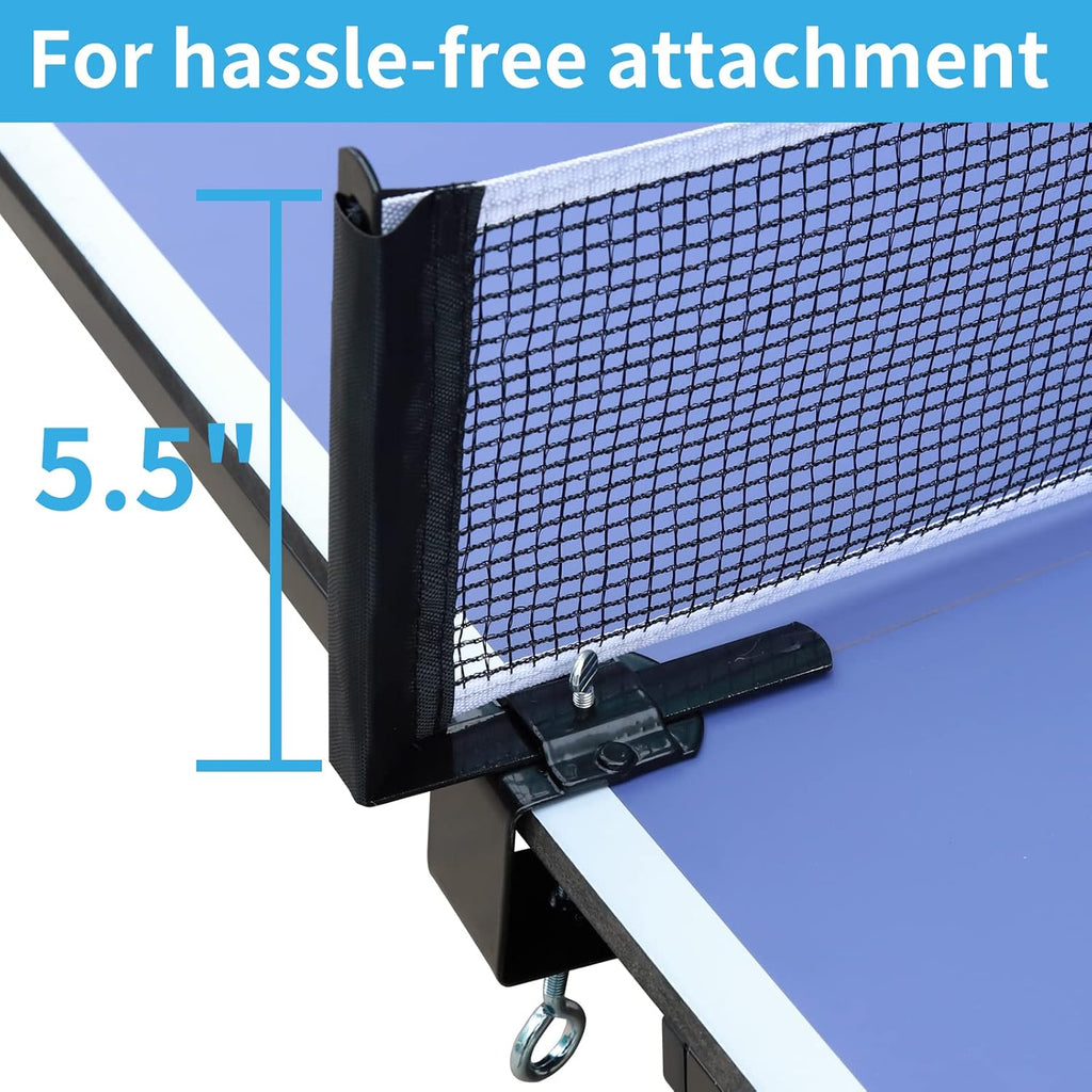 9FT Ping Pong Table Rolling Foldable Table Tennis Table for with Net, Table Tennis Paddles and Balls, Multi-Use Family Game Table for Teenager Adult, Folded with Single Player Playback Mode