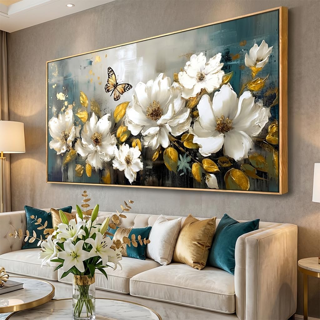 Wall Art Modern Flower Artwork Paintings White Blossom Gold Leaf Butterfly Landscape Picture wall Decor for Living Room Bedroom Kitchen 24'x48' with Framed