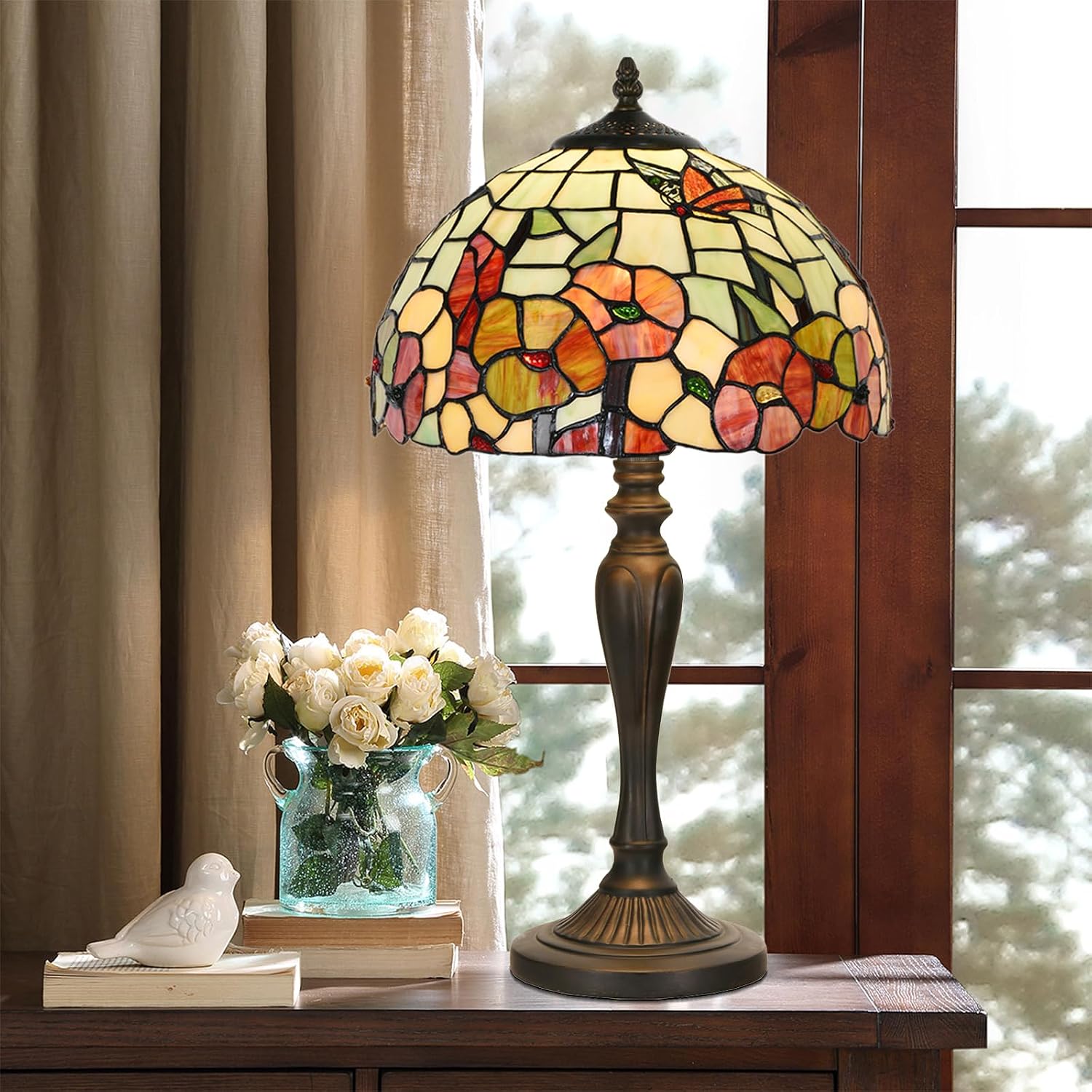 TL0002 Tiffany Style Table Lamp 21.5' High Blossoming Antique Stained Glass Lamp for Living Room Bedroom Bedside Nightstand Home Office, LED Bulb Included
