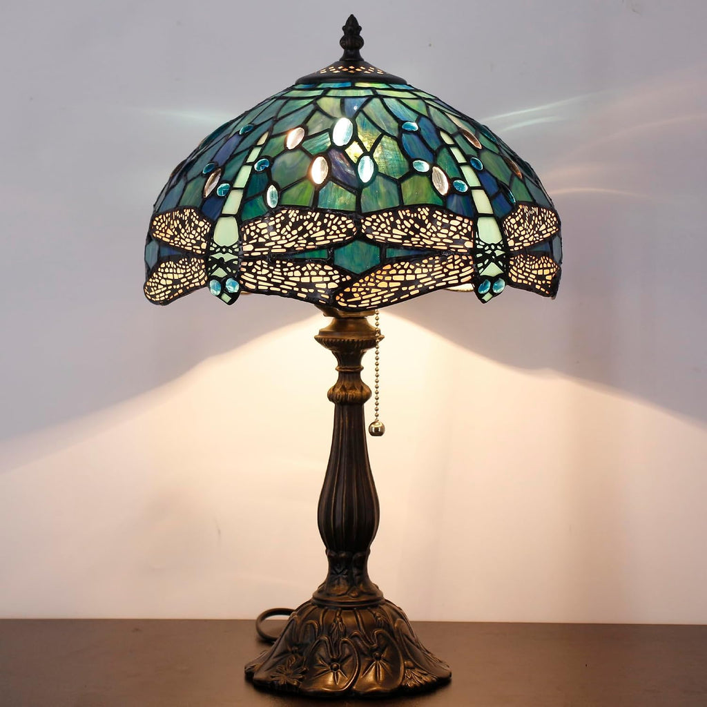 Tiffany Table Lamp Stained Glass Lamp 12X12X19 Inch Antique Reading Light (Blue Dragonfly)