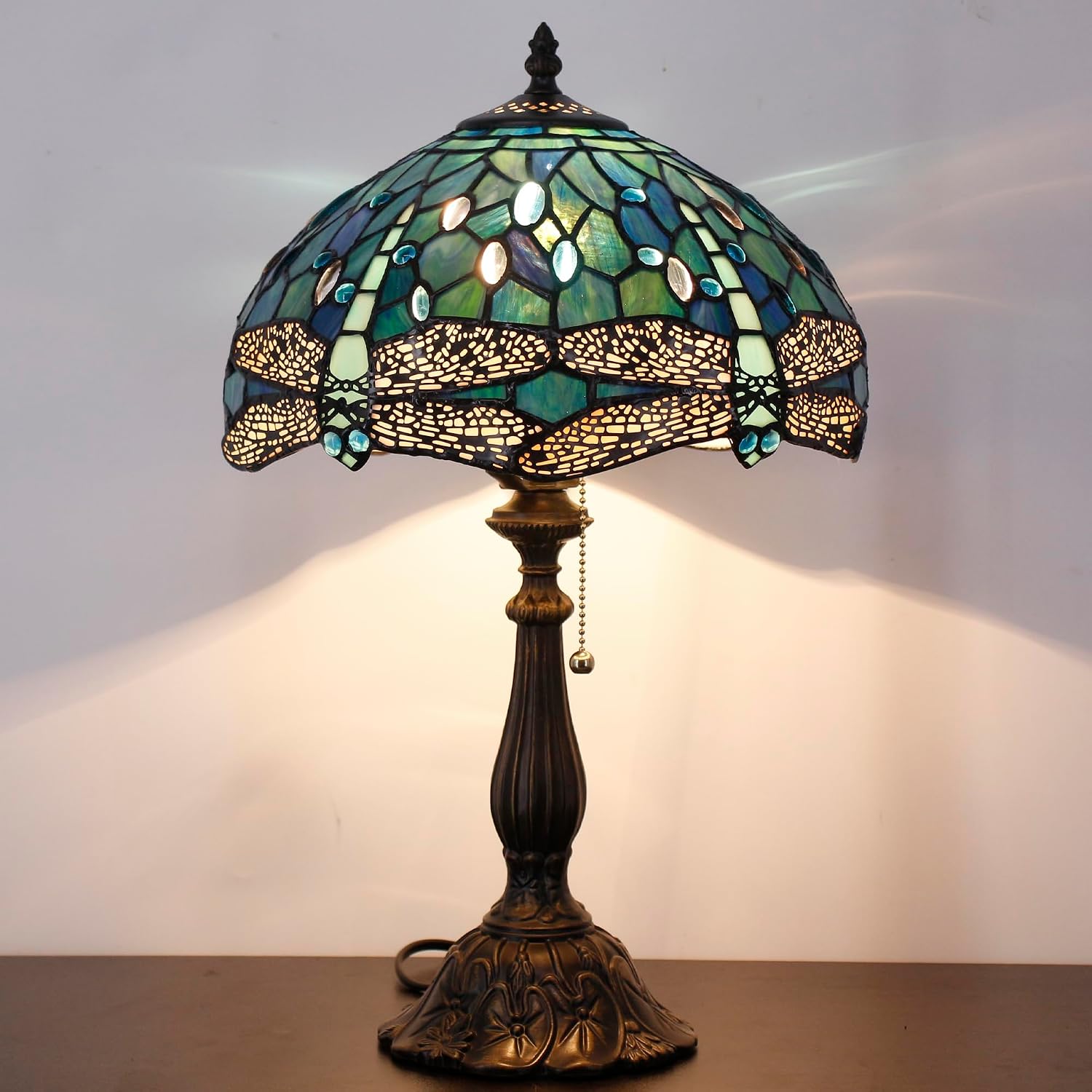 Tiffany Table Lamp Stained Glass Lamp 12X12X19 Inch Antique Reading Light (Blue Dragonfly)