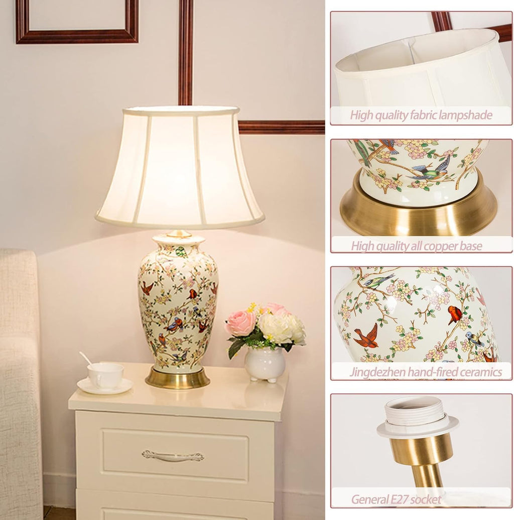 White 27' Flower and Bird Ceramics Table Lamp Chinoiserie Desk Lamp,Fabric Drum Shade,Gold Base, Tall Table Lamp Decor for Living Room Bedroom Bedside Office College Bookcase