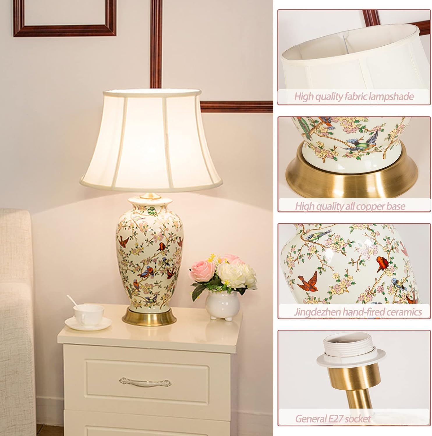 White 27' Flower and Bird Ceramics Table Lamp Chinoiserie Desk Lamp,Fabric Drum Shade,Gold Base, Tall Table Lamp Decor for Living Room Bedroom Bedside Office College Bookcase