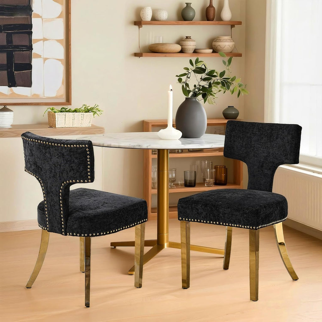 Dining Chair Set of 2 Linen Fabric Curved Backrest Farmhouse Mid Century Accent Upholstered Kitchen Chairs with Gold Legs and Foot Pad for Dining Room/Living Room/Restaurant,Black