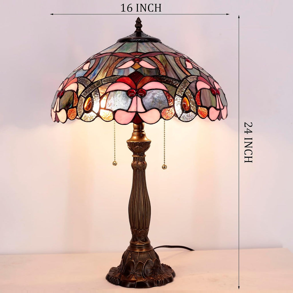 WERFACTORY Tiffany Lamp Blue Pink Stained Glass Bedside Table Lamp 16X16X24 Inch Desk Reading Lamp Resin Base Decoration Bedroom Living Room Home Office S830B Series