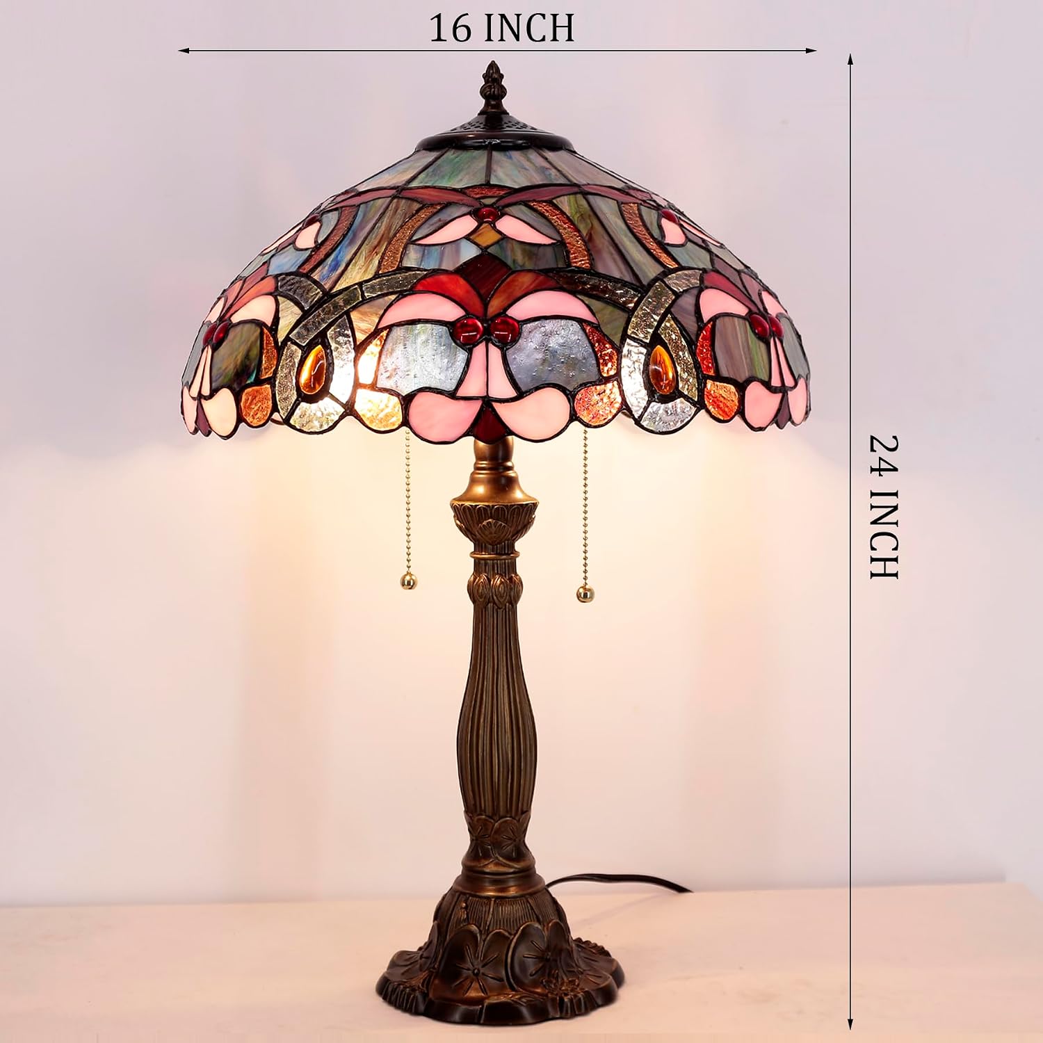 WERFACTORY Tiffany Lamp Blue Pink Stained Glass Bedside Table Lamp 16X16X24 Inch Desk Reading Lamp Resin Base Decoration Bedroom Living Room Home Office S830B Series