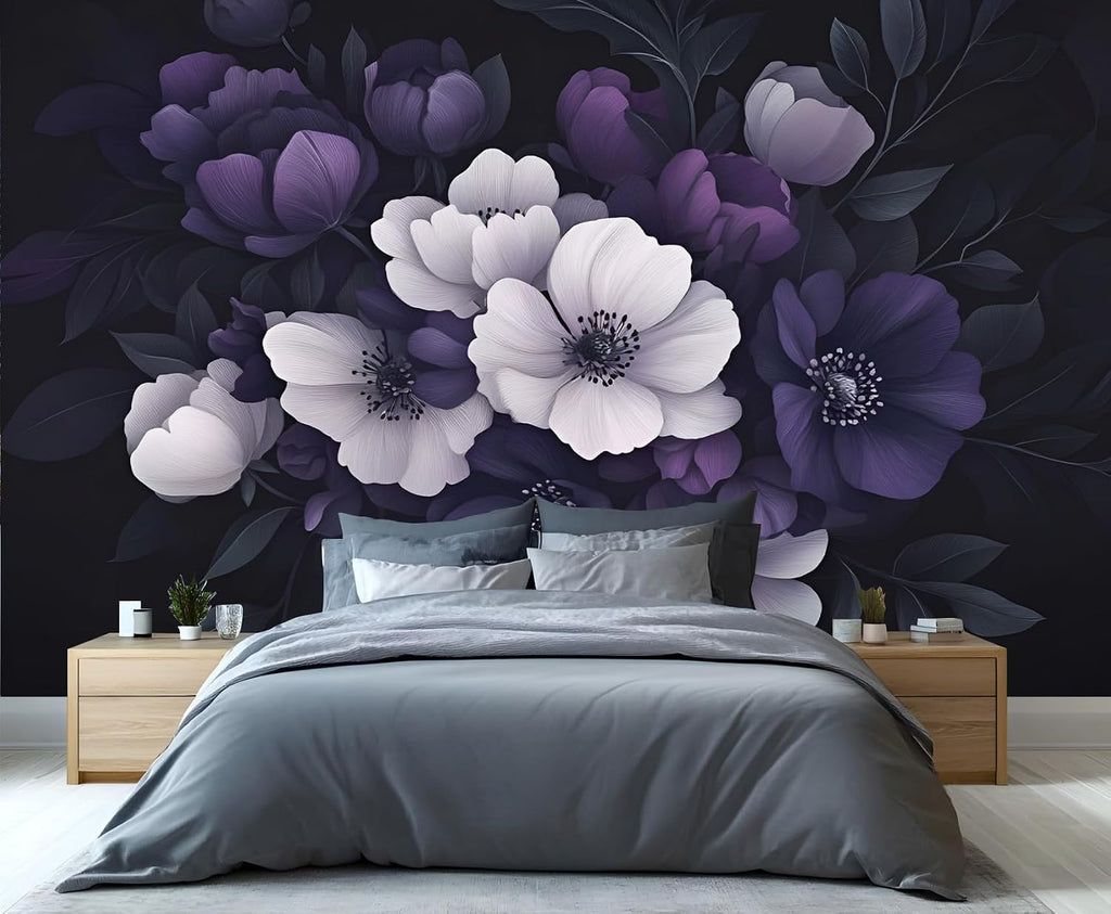 Purple Flowers Wall Mural, European Floral Mural Wallpaper, Retro Flowers Wallpaper Mural, for Bedroom Office Living Room Wall Artwork Decor (Not Peel n' Stick)