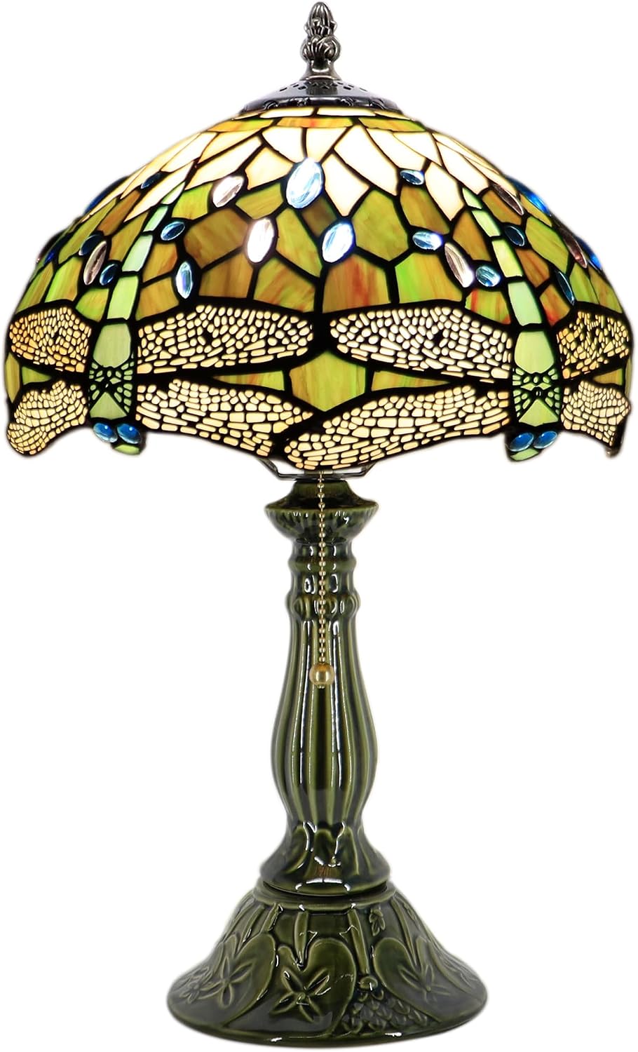 Tiffany Lamp Stained Glass Table Lamps Amber White Dragonfly Style Desk Lamp 12X12X18.5 Inch Bronze Ceramic Base Reading Light Suitable for Bedside Bedroom Living Room Dining Room Office
