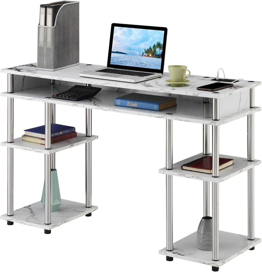 Convenience Concepts Designs2Go No Tools Student Desk with Charging Station and Shelves, White Marble