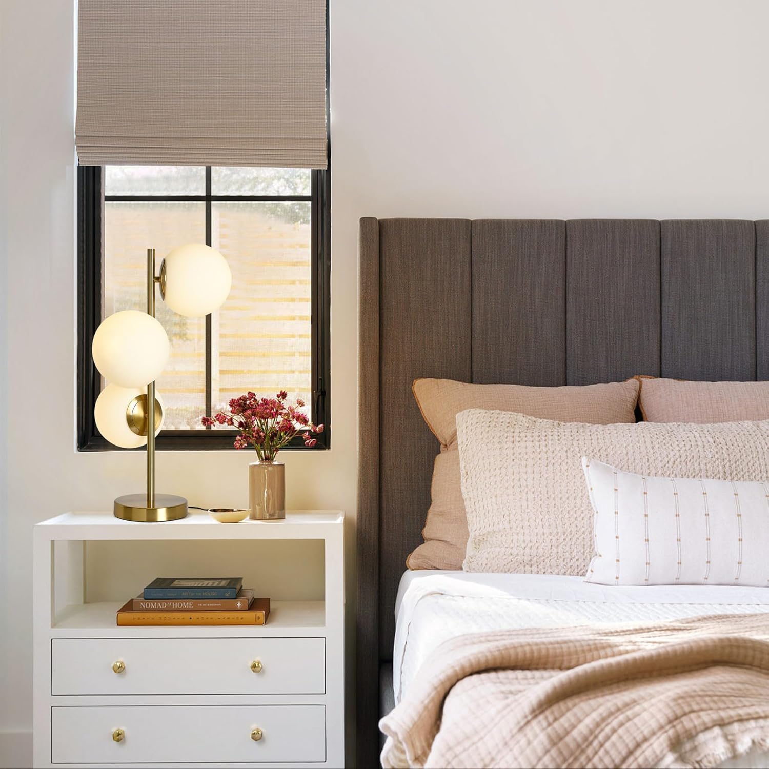 Bedside Table Lamps Set of 2, Mid Century Gold Globe Table Lamp, 3-Light Desk Lamp with Milk White Glass Shade Metal Base, Living Room End Table Lamp Nightstand Lamps for Bedroom