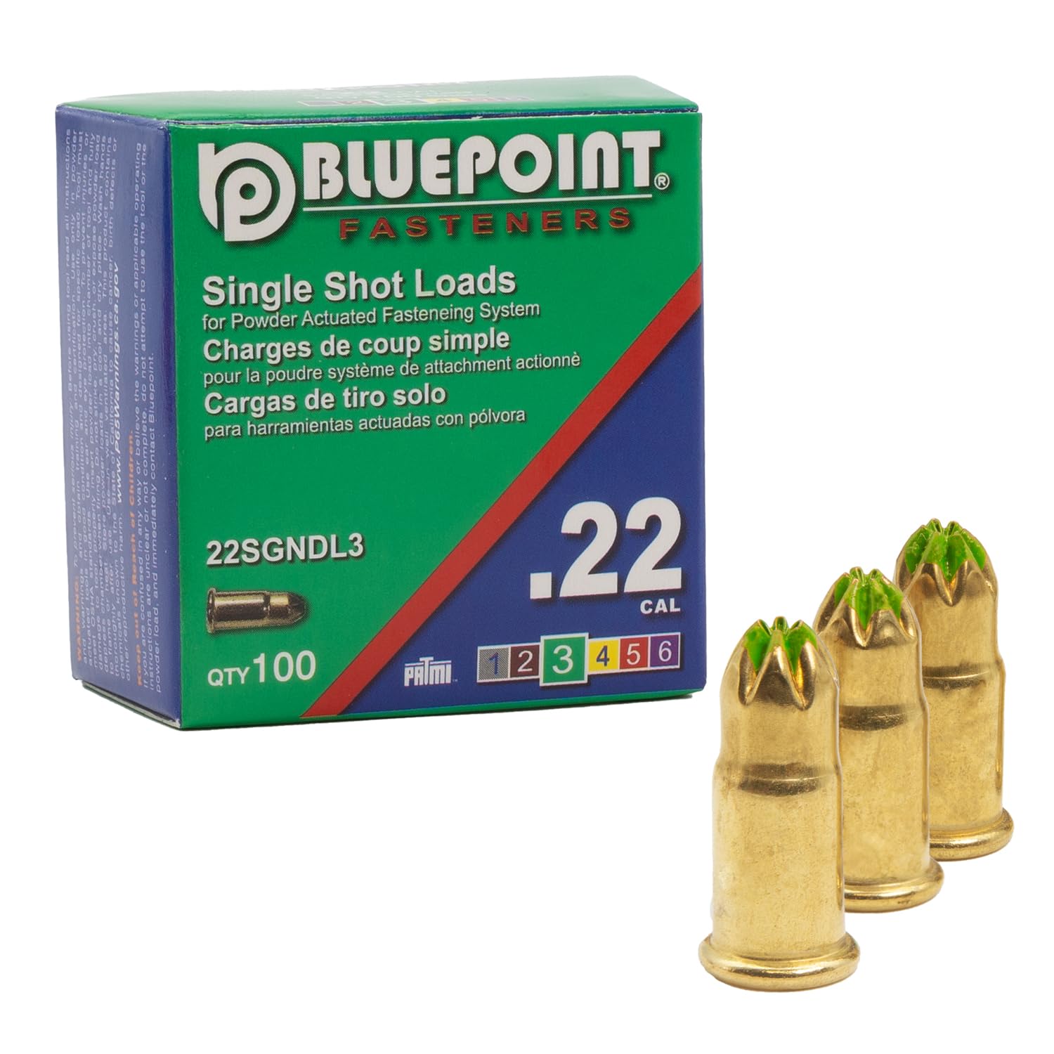 BLUEPOINT .22 Cal Green Neck Down Single Shot Powder Load for Powder Actuated Fastening System, (1000 - Count). Item# 22SGNDL3 10-Pack Save $30