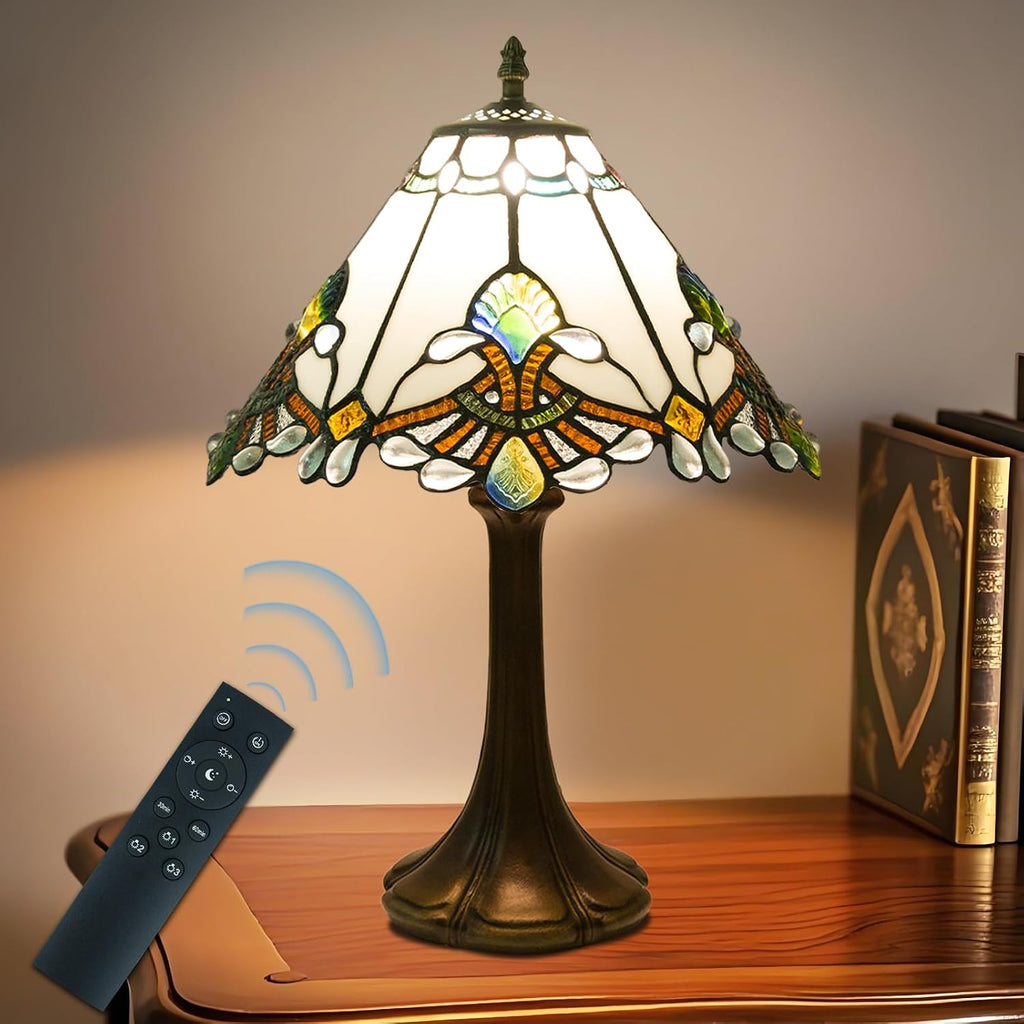 JHuiLap 12 Inch Tiffany Style Table Lamp, Baroque Stained Glass Lamp with Remote Control, Stepless Dimmable &3 Color Temperatures, Desk Lamps for Bedroom Farmhouse Bedside Nightstand Bedside (White)