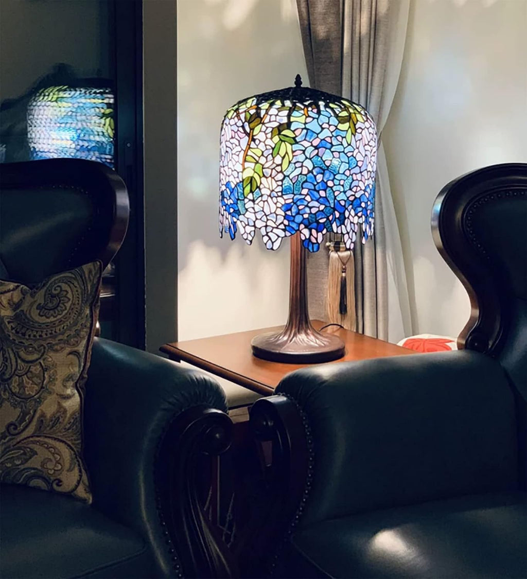 Wisteria Lamp, Tiffany Style Green Pink Stained Glass Table Lamp, Green Leaves Shade Bedroom Bedside Lamp, Living Room Office Table Decoration Lamp with Pull Cord Switch
