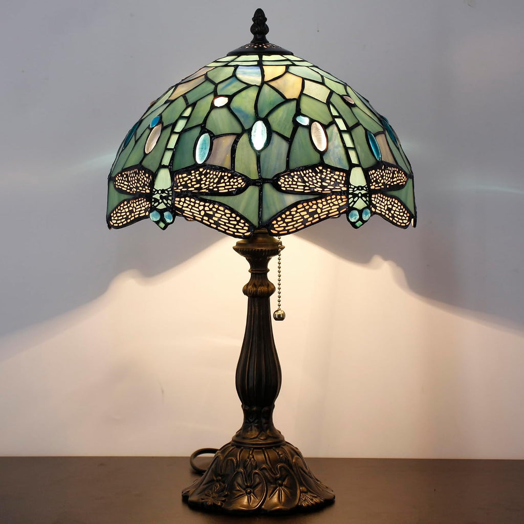 Tiffany Table Lamp Stained Glass Lamp 12X12X19 Inch Antique Reading Light (Sea Blue Dragonfly Style)