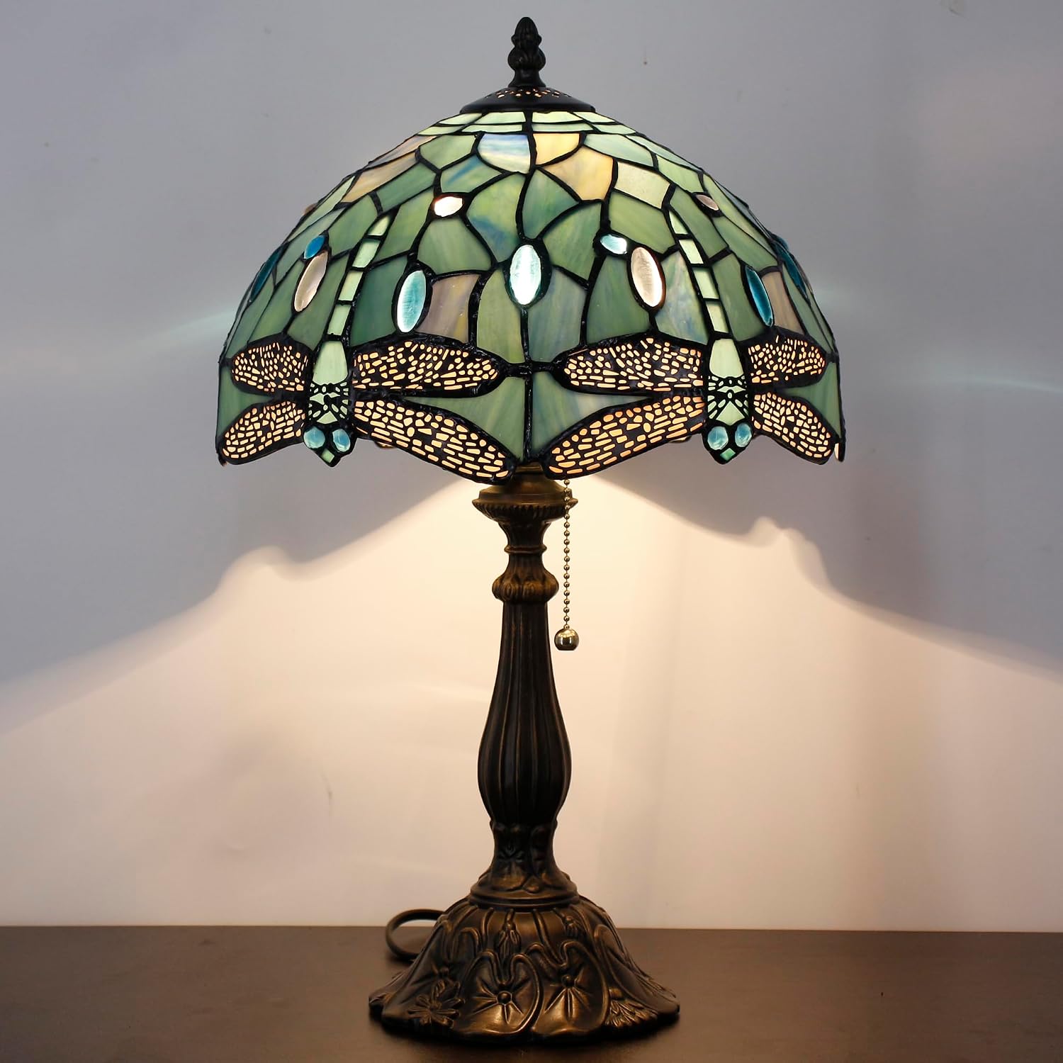 Tiffany Table Lamp Stained Glass Lamp 12X12X19 Inch Antique Reading Light (Sea Blue Dragonfly Style)