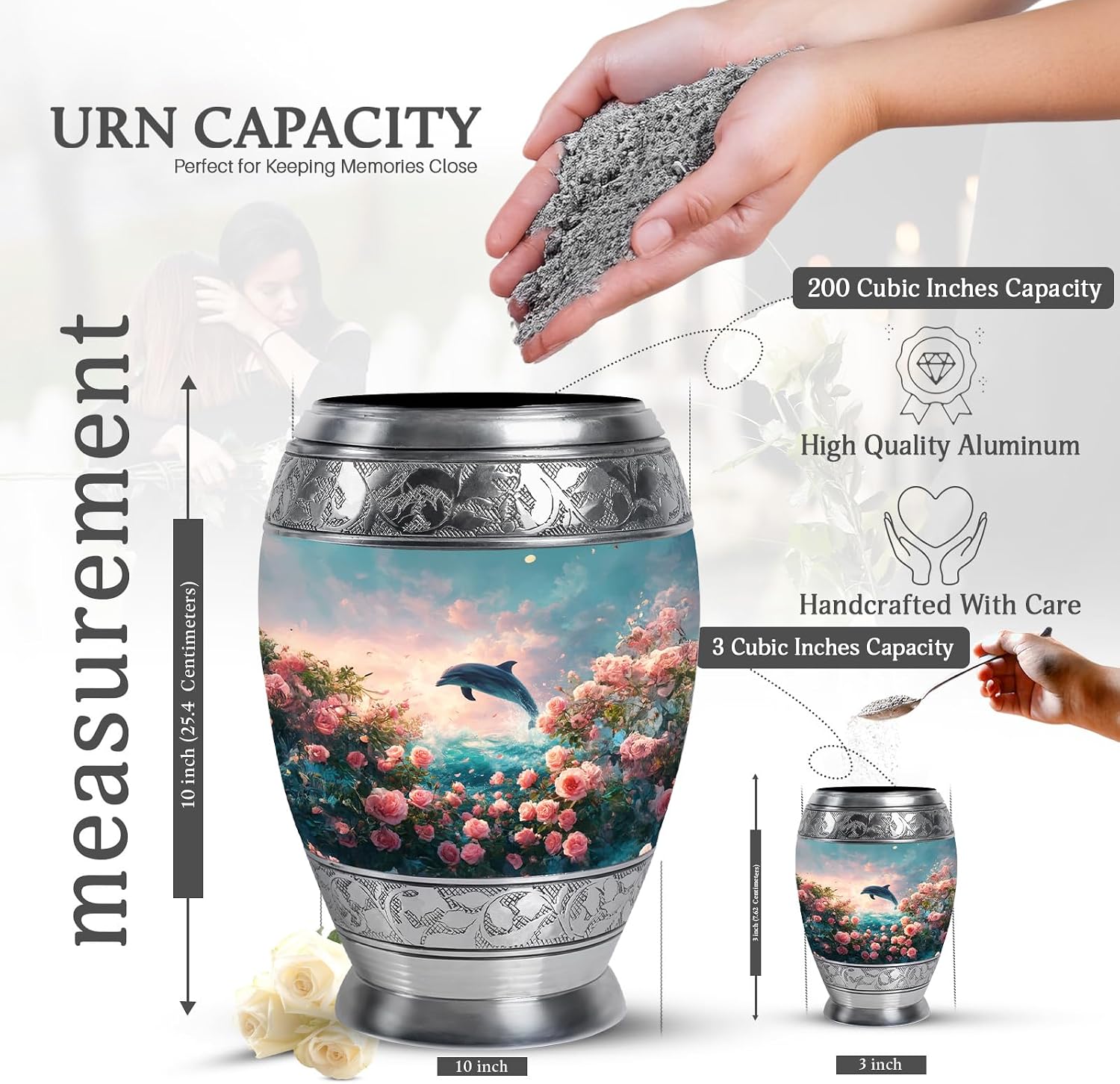 Dolphin Urn - Blue Memorial Urns for Human Ashes Decorative - Sunset Funeral Urns for Women & Adult Male - Large Pink Rose Burial Cremains Box for Adult Female - Funeral Gifts 10Inch