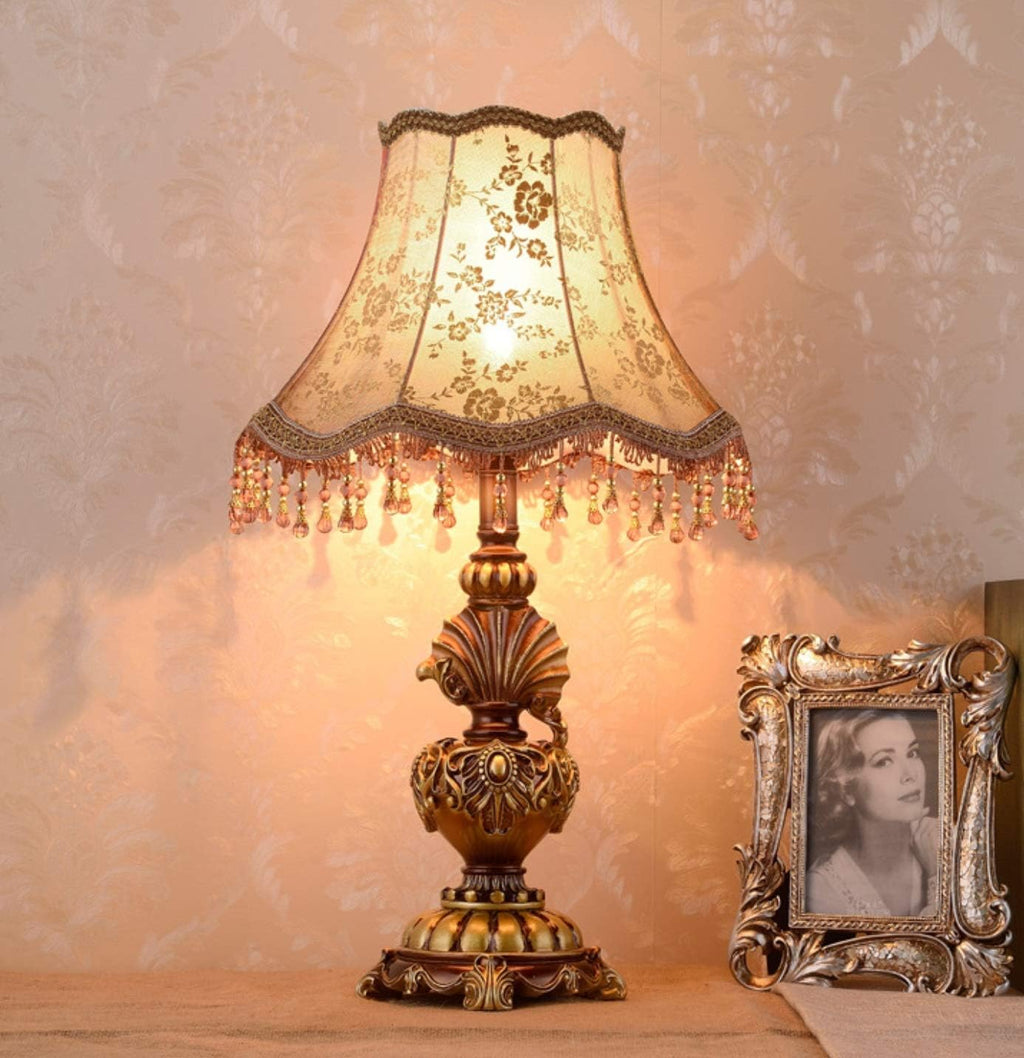 Victorian Style Table Lamp Handmade Traditional Brown Gold Lace Fabric Bedside Lamp Antique Painted Resin Base Desk Lamp for Bedroom Living Room Office, 13' W, 21.6' H. (A1)