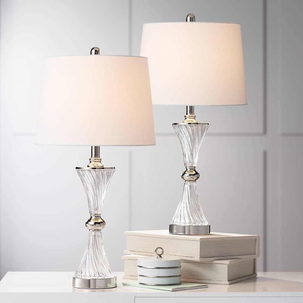 Regency Hill Luca Modern Table Lamps 25.5' High Set of 2 with USB Charging Port Glass Chrome Silver Metal White Fabric Drum Shade for Living Room Bedroom House Bedside Nightstand Home
