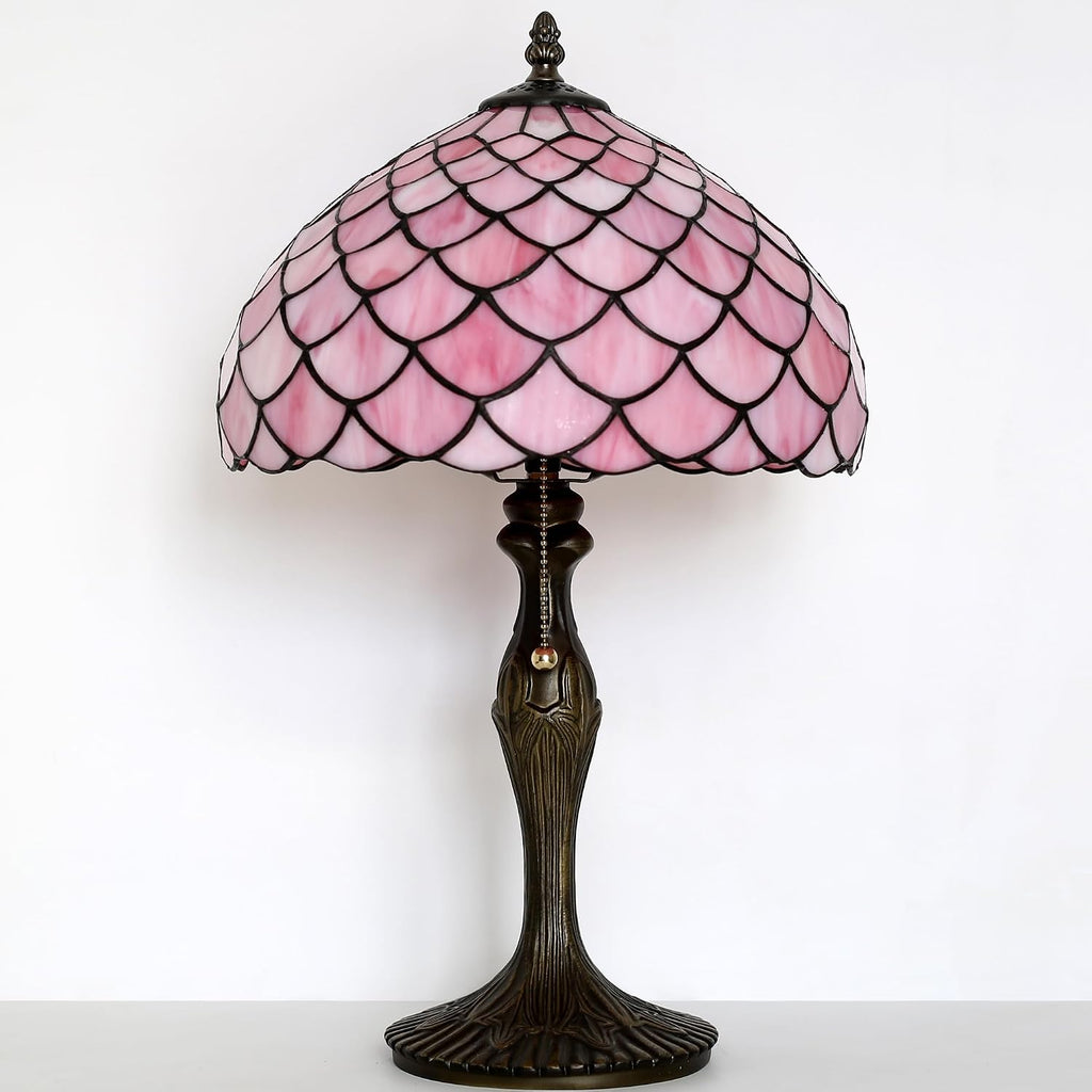Tiffany Lamp Stained Glass Table Lamp 12' x 19' Pink Fish Scales Style Decorative Lamp Bedside Reading Lamp for Desk Living Room Bedroom Office Study Light Home Decor Gift