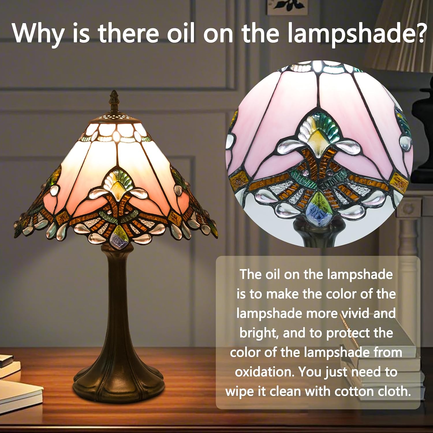 JHuiLap 12 Inch Tiffany Style Table Lamp, Baroque Stained Glass Lamp with Remote Control, Stepless Dimmable & 3 Color Temperatures, Desk Lamps for Bedroom Farmhouse Bedside Nightstand Bedside (Pink)
