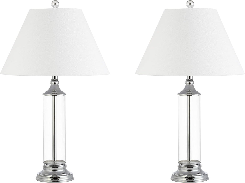 JONATHAN Y 29' Clear/Chrome Glass LED Table Lamp Set of 2, Modern Bedside Nightstand Lamps for Living Room Bedroom Office, White Linen Shade, Transitional Decor JYL4014A-SET2