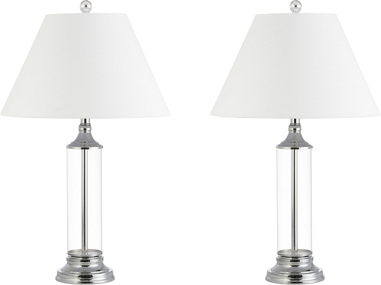 JONATHAN Y 29' Clear/Chrome Glass LED Table Lamp Set of 2, Modern Bedside Nightstand Lamps for Living Room Bedroom Office, White Linen Shade, Transitional Decor JYL4014A-SET2