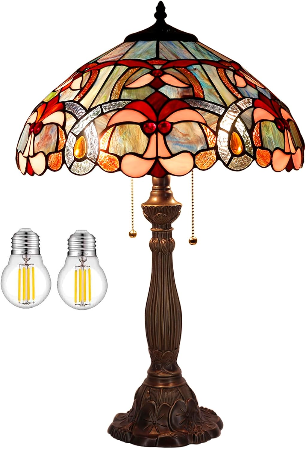 WERFACTORY Tiffany Lamp Blue Pink Stained Glass Bedside Table Lamp 16X16X24 Inch Desk Reading Lamp Resin Base Decoration Bedroom Living Room Home Office S830B Series