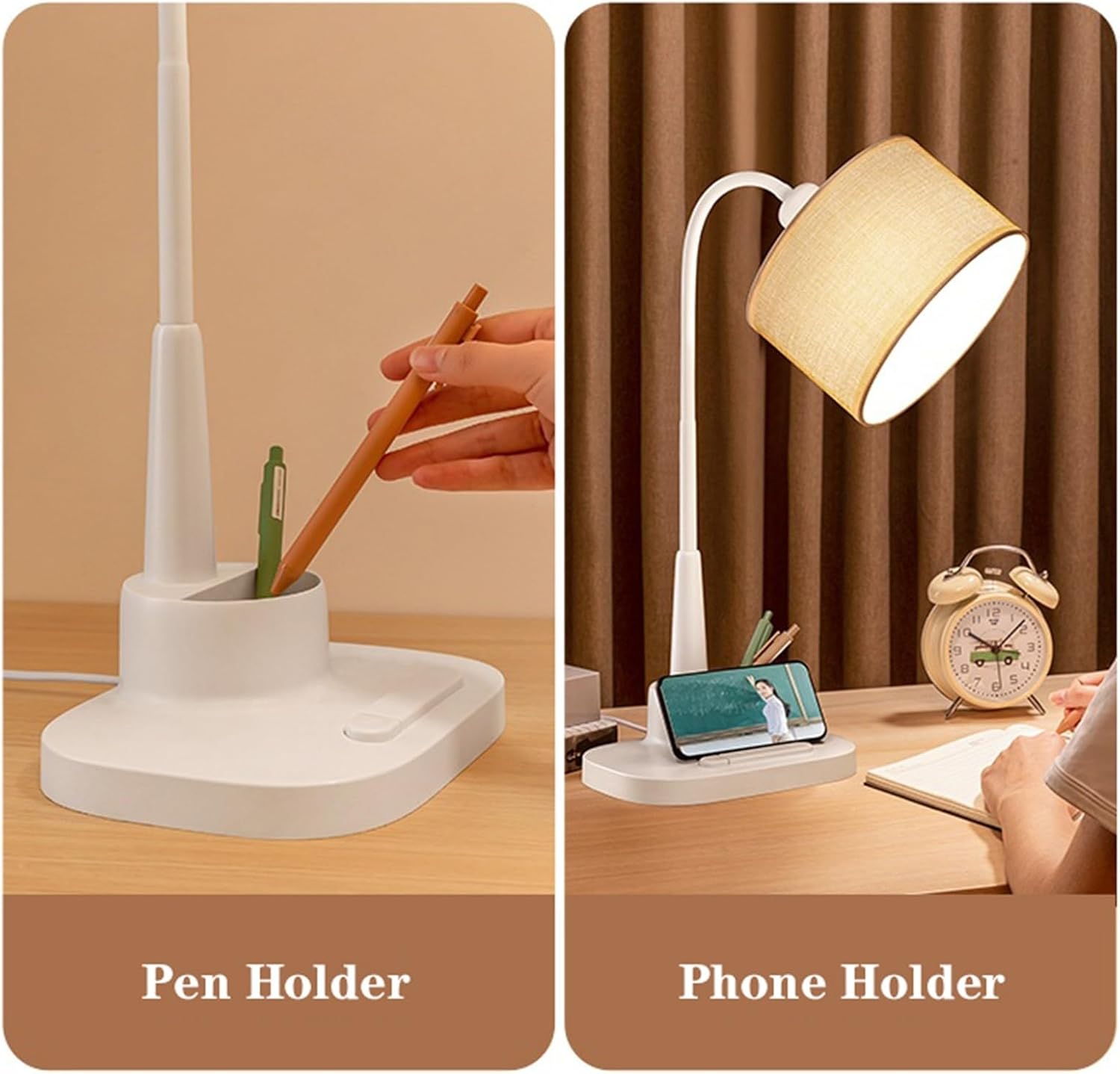 Table Lamps LED Desk Lamp with Fabric Lampshade, 360° Adjustable Desk Lamp Reading Light with Pen Holder and Phone Holder, for Home Office, 59' Power Cord Nightstand Lamps