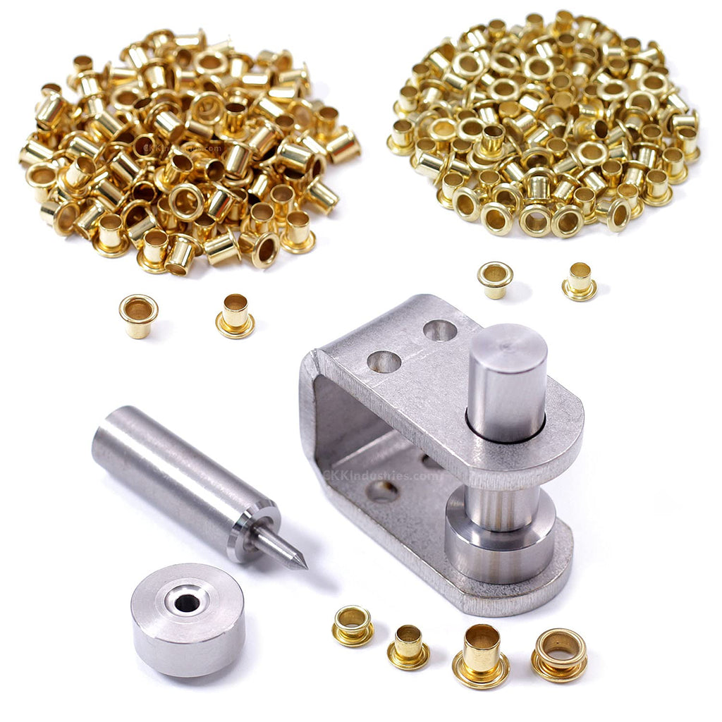Eyelet Setting Tools & Eyelets Combo - (1) [ #6 & #8 Eyelet Setting Dies (3/16 & 1/4 Inch) ] + (100) [#6-6 & #8-9 Brass Eyelets (3/16 & 1/4 Inch diameters)] - for Holster Making, Sewing, Repair, etc.