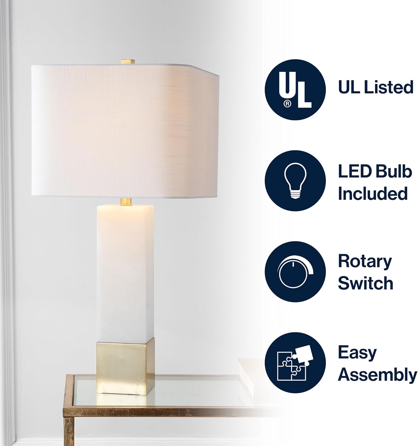 JONATHAN Y 29' Brass Gold/White Metal and Marble Table Lamp, Contemporary Transitional Bedside Lamp for Living Room, Bedroom, White Linen Rectangle Shade, LED Bulb Included JYL5009A