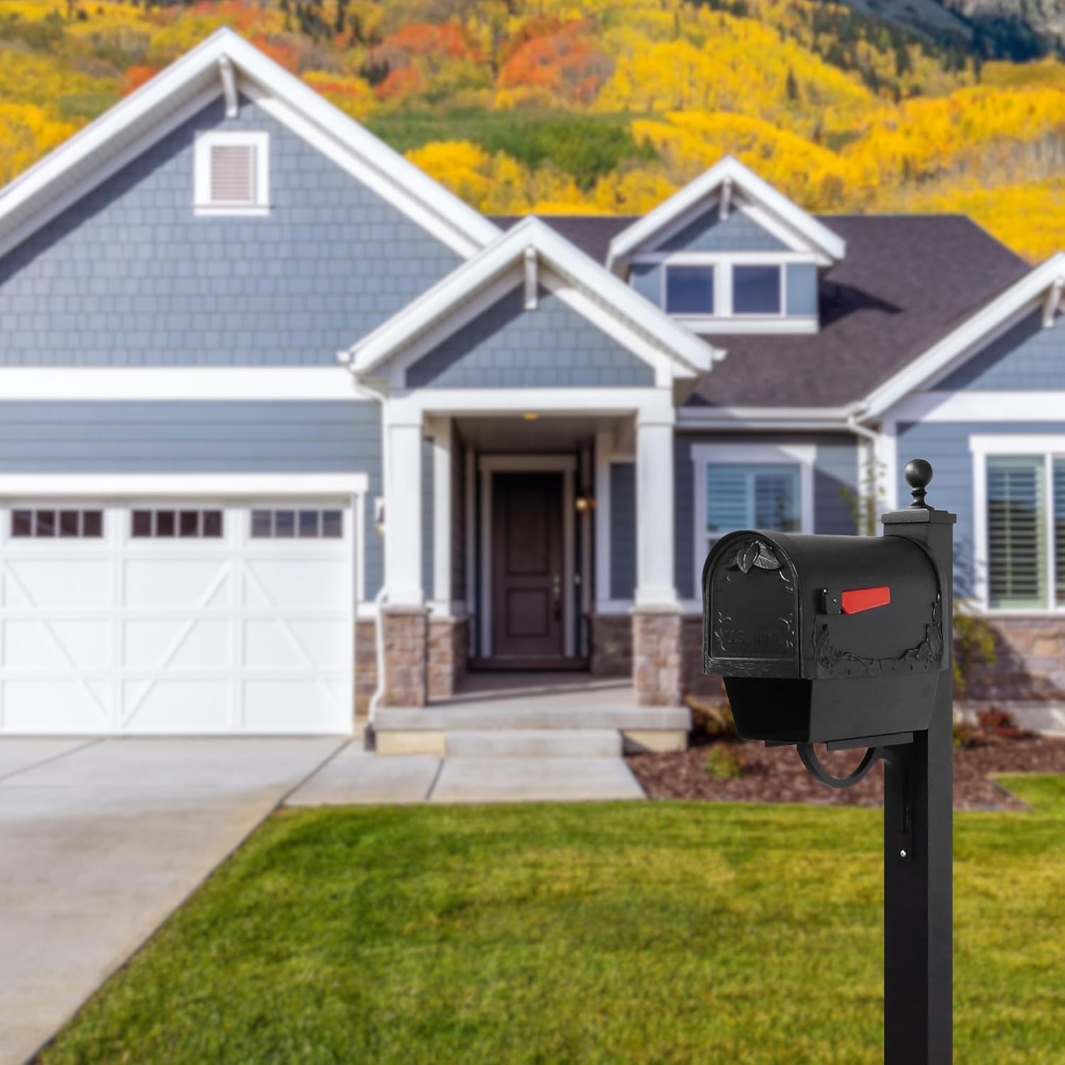 Special Lite Floral Curbside Mailbox with Paper Tube with Springfield Post - Black Aluminum Mailbox with Post - SCF2003-SPK710-BLK