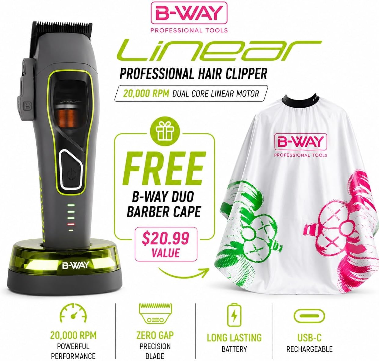 BWAY Pro High-Performance Hair Clipper for Men, 20,000 RPM Dual Coil Linear Motor, Cordless Professional Barber Fade Kit, USB-C Rechargeable, Aluminum Body for Haircuts & Fading