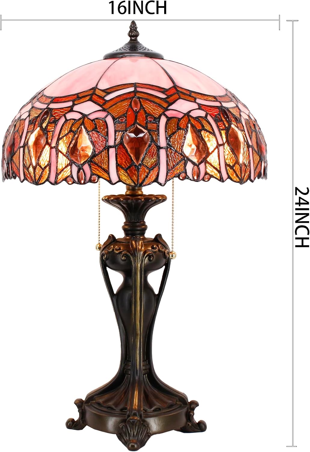 Tiffany Lamp(2 Lights) Stained Glass Table Lamp Bedside Desk Reading Light 16X16X24 Inch Decor Bedroom Living Room Home Office (Pink Jewelry)