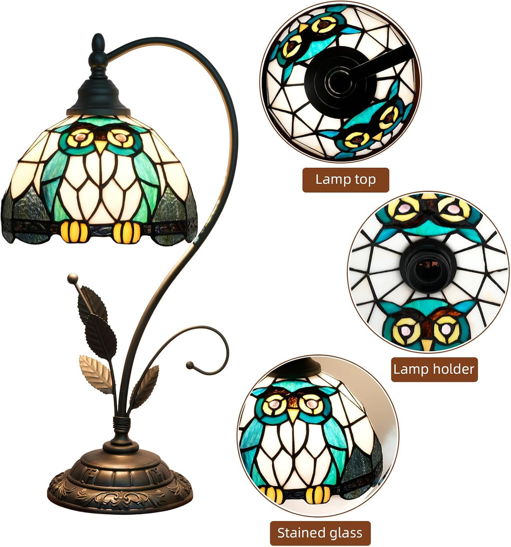 Tiffany Table Lamp Owl Stained Glass Bedside Lamp Tiffany Style S Metal Leaves Desk Light for Home Living Room Office Dormitory Bar Family Friends Gift