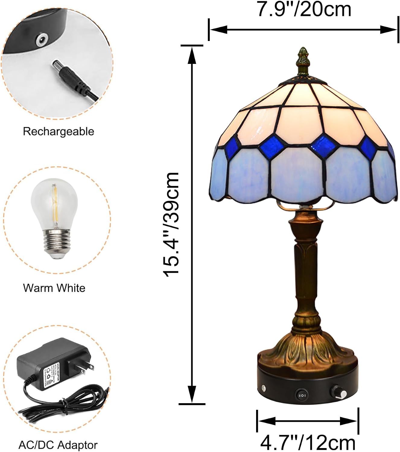 Kiven Cordless Table Lamp, Dimmable Bedside Lamps for Nightstand with Glass Lampshade, Tiffany-Style Rechargeable Desk Lamp for Reading Home Decor Bedside,1-Light