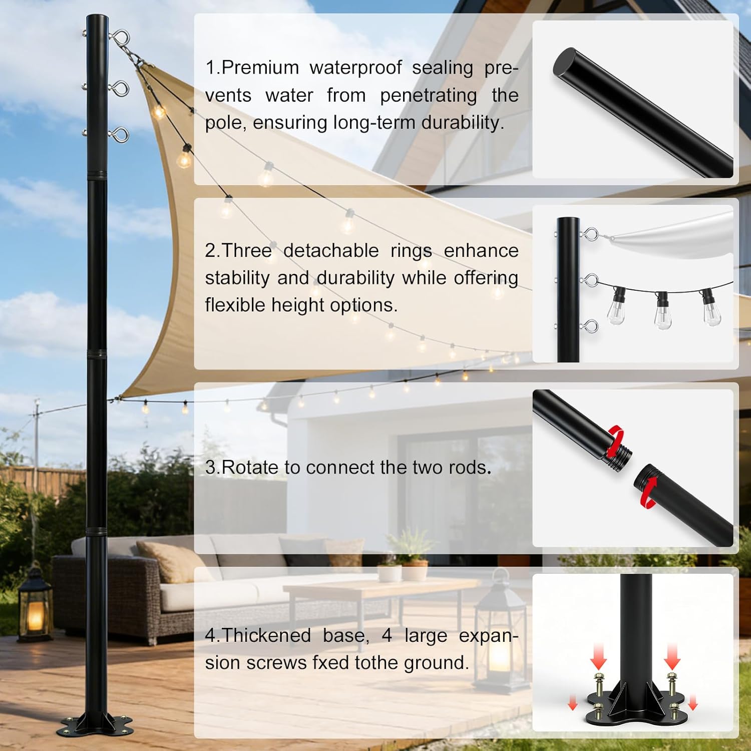 2 Pack 12 Ft Shade Sail Poles, Heavy Duty Metal Outdoor Support Post Kit, Rust-Resistant Shade Sail Support Poles, Adjustable Metal Sun Shade Poles for Patios, Courtyards, Backyards and Gardens