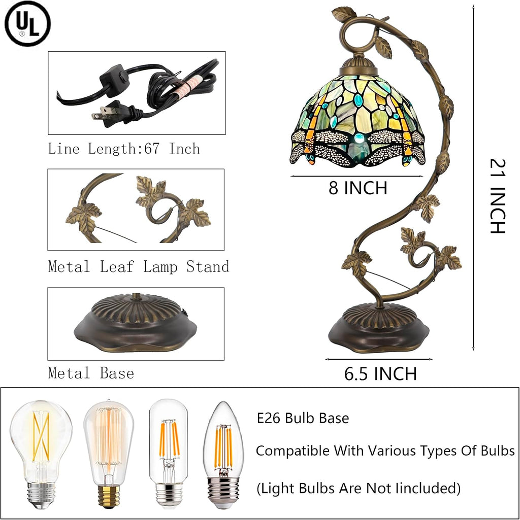 Tiffany Table Lamp, Stained Glass Desk Reading Light,Metal Leaf Table Lamp Base 8X10X21 Inches (Brown Dragonfly)