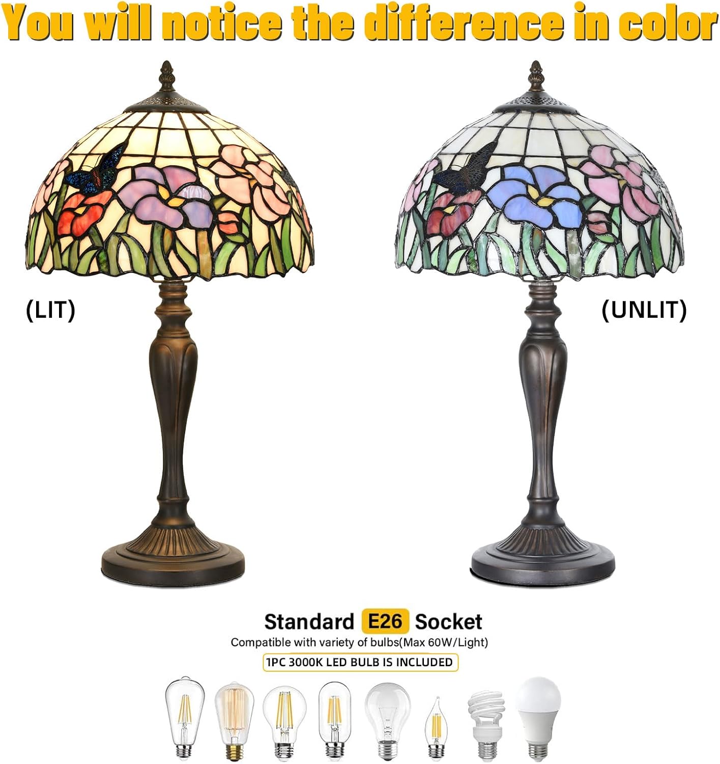 TL0001 Tiffany Table Lamp Handmade Stained Glass Flowers Butterfly Design Lampshade Reading Desk Light 12X21.5 Inches for Bedroom Living Room Home Office,LED Bulb Included